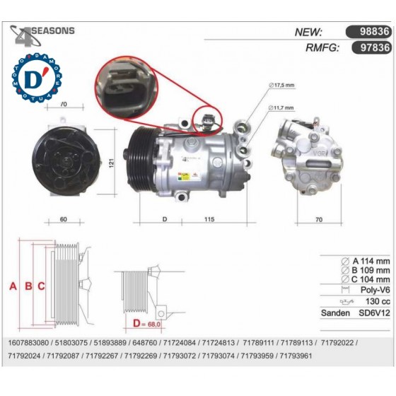 COMPRESSORE CLIMATIZZATORE ALFA ROMEO MITO 1.4 FIAT DOBLO (263) GRANDE PUNTO (199) QUBO (225) 1.3 MJ LANCIA DELTA III 1.4